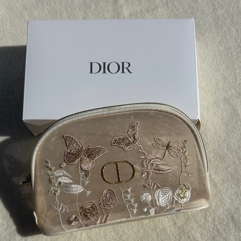 Dior GWP Floral Embroidered Beige Cosmetic Bag